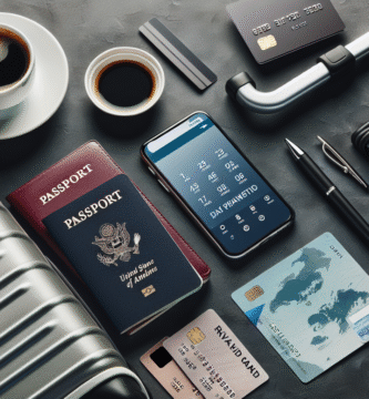 Et oversiktsbilde av en koffert, pass, smarttelefon med bankapp og to kredittkort på et reisebord, stilrent og profesjonelt