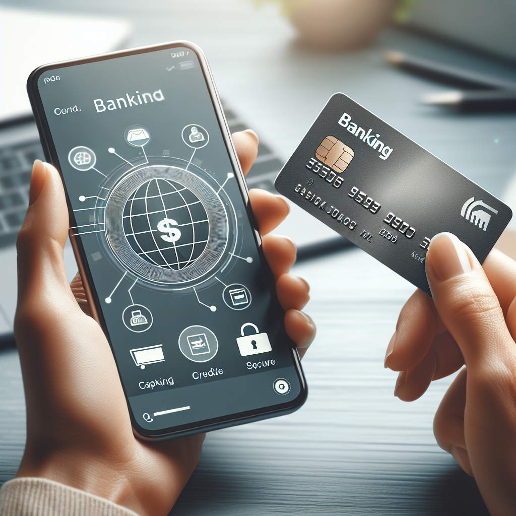 Nærbilde av en hånd som holder et kredittkort foran en smarttelefon med bank-app, moderne stil, nøytrale farger og fokus på trygg økonomi